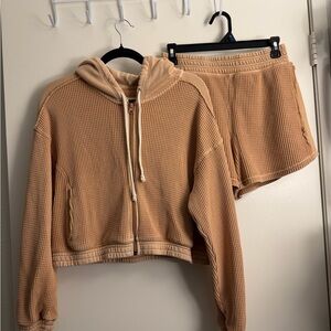 Aerie Tan Waffle Knit Hoodie and Shorts Set